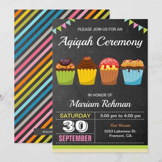 Invitación Cute Sweet Cupcake Aqeeqah | Ceremonia de Aqiqah (Anverso / Reverso)