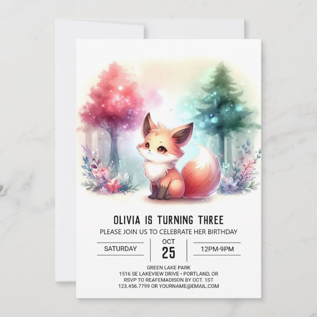 Invitación Cute Sweet Fox Birthday digital (Anverso)