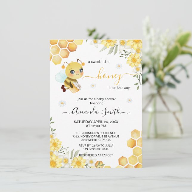 Invitación Cute Sweet Little Honey Bee Chica Baby Shower (Anverso de pie)