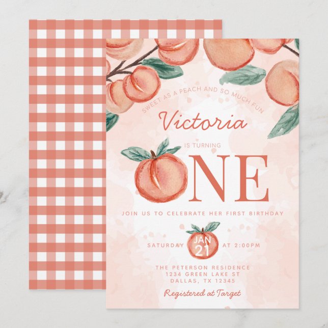 Invitación Cute Sweet Peach girando UN Fiesta de cumpleaños (Anverso / Reverso)