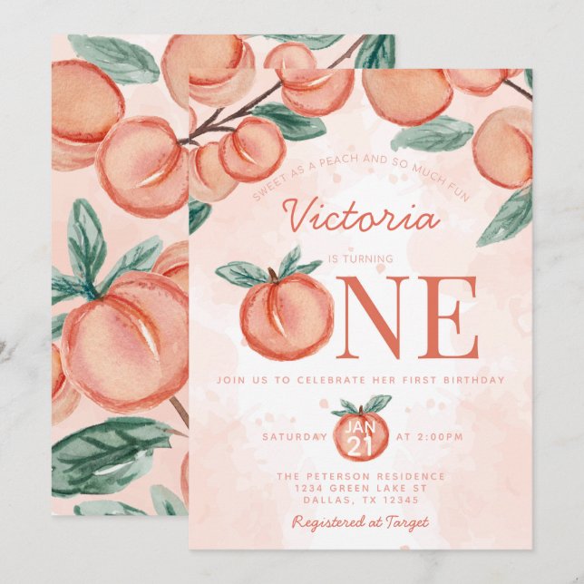 Invitación Cute Sweet Peach girando UN Fiesta de cumpleaños (Anverso / Reverso)
