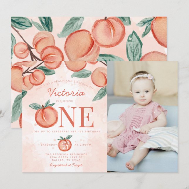 Invitación Cute Sweet Peach girando UN Fiesta de cumpleaños (Anverso / Reverso)