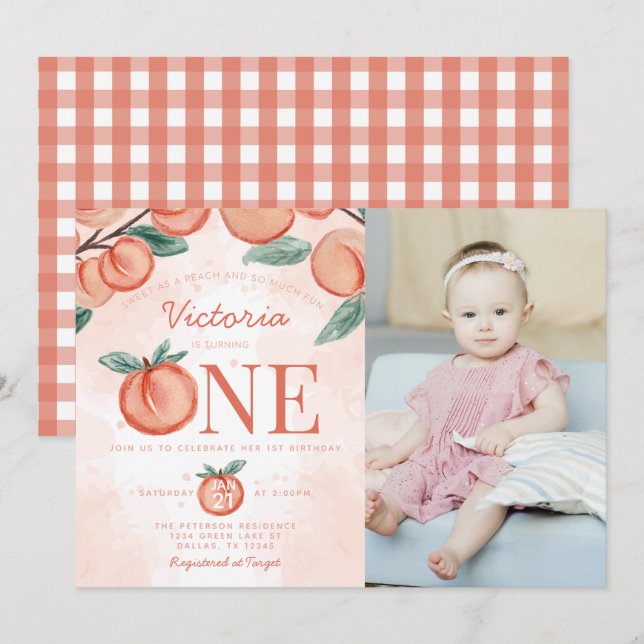 Invitación Cute Sweet Peach girando UN Fiesta de cumpleaños (Anverso / Reverso)