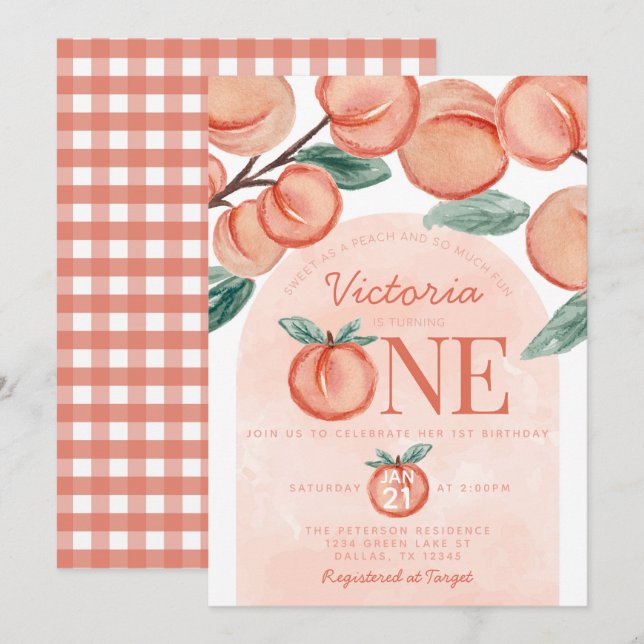 Invitación Cute Sweet Peach girando UN Fiesta de cumpleaños (Anverso / Reverso)