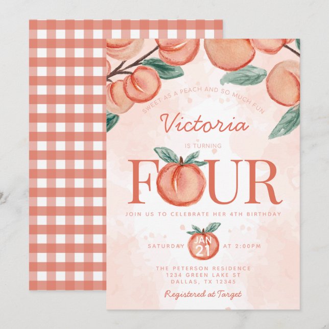 Invitación Cute Sweet Peach que cumple 4 años Fiesta (Anverso / Reverso)