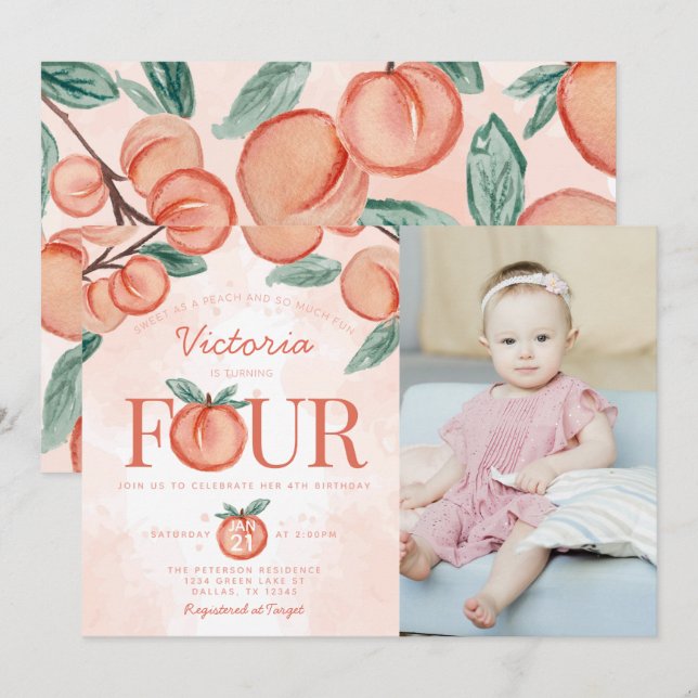 Invitación Cute Sweet Peach que cumple 4 años Fiesta (Anverso / Reverso)