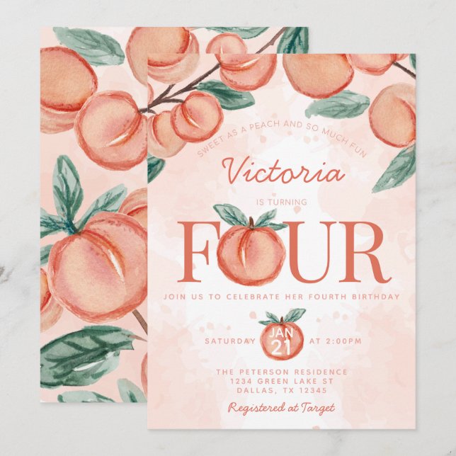 Invitación Cute Sweet Peach que cumple 4 años Fiesta (Anverso / Reverso)