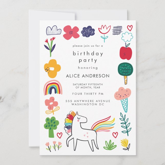 Invitación Cute Sweet Unicorn Kids Birthday Party (Anverso)