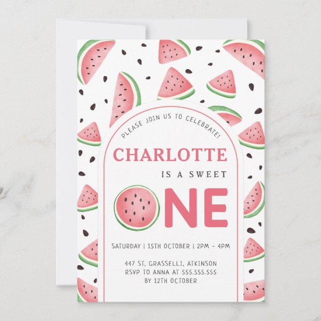 Invitación Cute Sweet Watermelon Primer Fiesta de cumpleaños (Anverso)