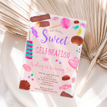 Invitación Cute sweets candy illustration 5th birthday party<br><div class="desc">Oh what fun! A sweet celebration on its way for your kid 5th birthday! Featuring hand drawn cute sweets and candy ,  with chocolate bar,  lollipops  on a customizable pink frame background.</div>