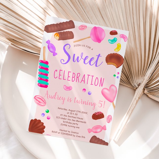 Invitación Cute sweets candy illustration 5th birthday party (Subido por el creador)