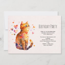Invitación Cute Tabby Cat con corazones Cumpleaños