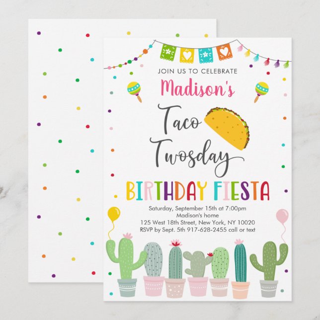 Invitación Cute Taco Twosday Fiesta Cactus Cumpleaños (Anverso / Reverso)