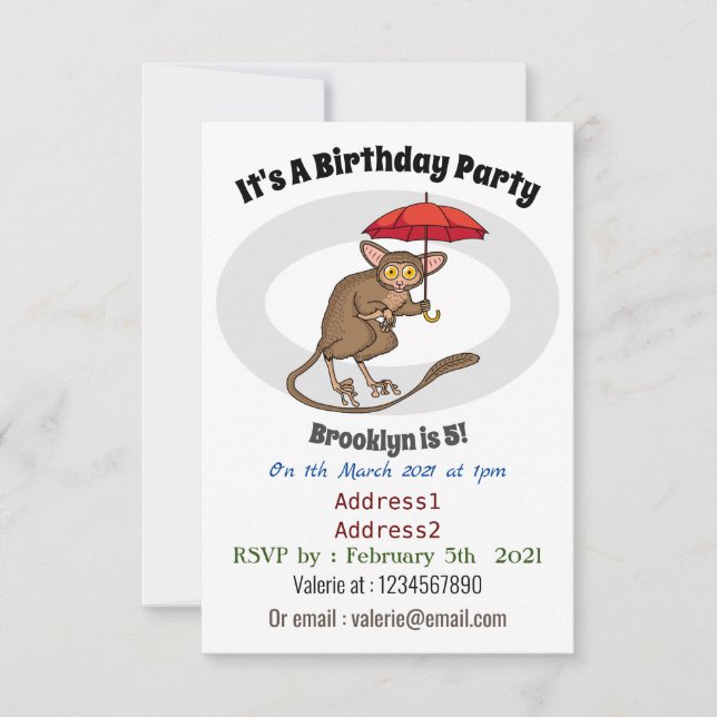 Invitación Cute Tarsier con ilustracion personalizado paragua (Anverso)