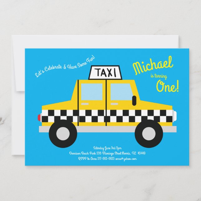 Invitación Cute Taxi Cab Car Kids Primer Fiesta de Cumpleaños (Anverso)