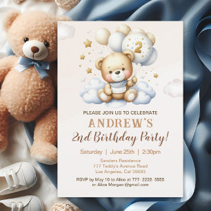 Invitación Cute Teddy Bear 2nd Birthday for Boy