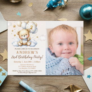 Invitación Cute Teddy Bear 2nd Birthday for Boy with photo