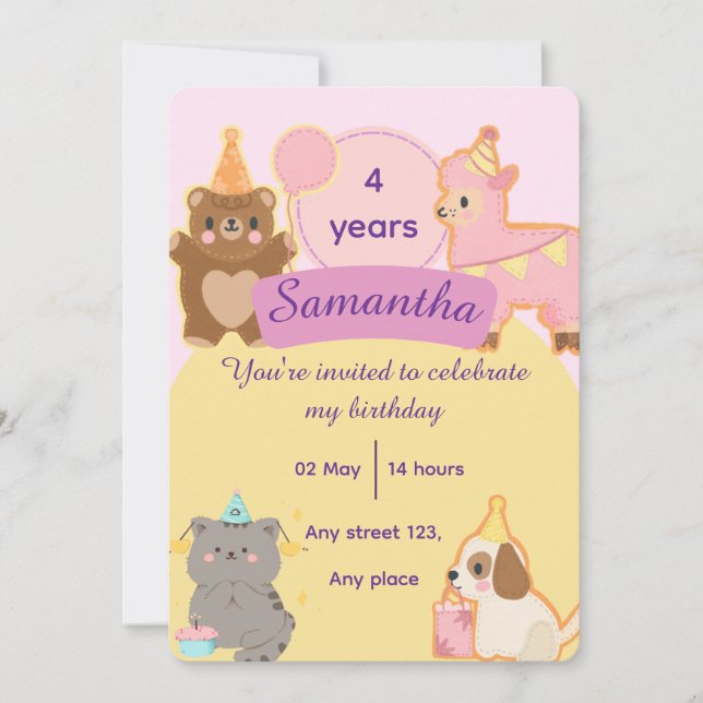 Invitación Cute Teddy Bear 4th Birthday Editable Template (Anverso)