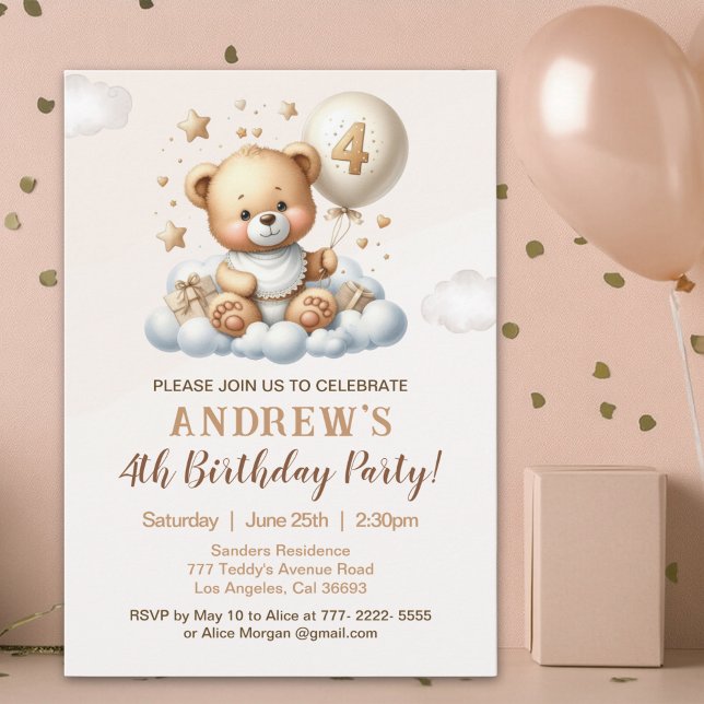 Invitación Cute Teddy Bear 4th Birthday Party Celebration (Subido por el creador)