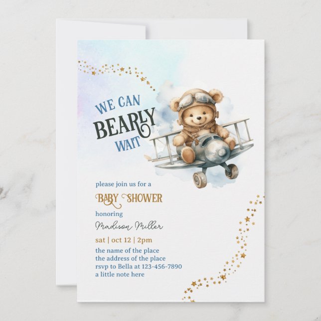 Invitación Cute Teddy Bear Airplane Baby Boy Shower (Anverso)