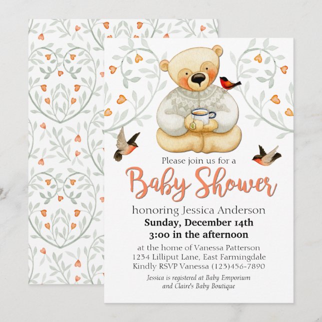 Invitación Cute Teddy Bear and Hearts Baby Shower (Anverso / Reverso)