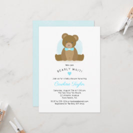 Invitación Cute Teddy Bear Aqua Blue Bow Tie Baby Boy Shower