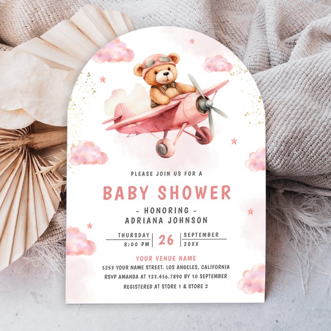 Invitación Cute Teddy Bear Arco De Avión Rosado Baby Shower (Subido por el creador)