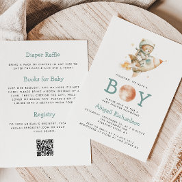 Invitación Cute Teddy Bear Astronaut QR Code Boy Baby Shower