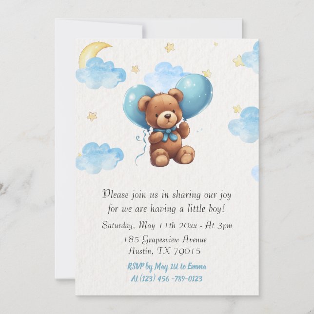 Invitación Cute Teddy Bear Baby Boy (Anverso)