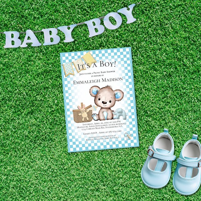 Invitación Cute Teddy Bear Baby Picnic Blue Baby Shower (Subido por el creador)