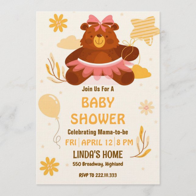 Invitación Cute Teddy Bear Baby Shower Invitation for Girl (Anverso)