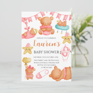 Invitación Cute Teddy Bear Baby Shower Pink Girl