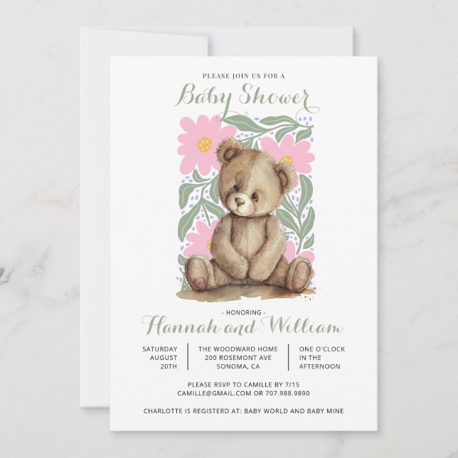 Invitación Cute Teddy Bear Baby Shower rosa (Anverso)