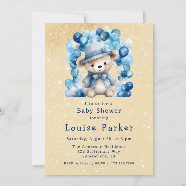 Invitación Cute Teddy Bear Balloon Arch Boy Baby Shower (Anverso)