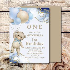Invitación Cute Teddy Bear Balón Resumen Oro Azul