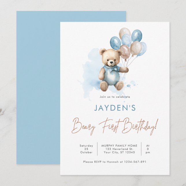 Invitación Cute Teddy Bear Beary First Birday Blue Balloon (Anverso / Reverso)