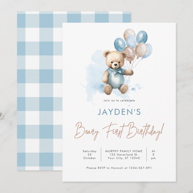 Invitación Cute Teddy Bear Beary First Birday Blue Balloon (Anverso / Reverso)