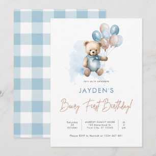 Invitación Cute Teddy Bear Beary First Birday Blue Balloon
