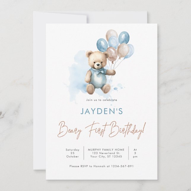 Invitación Cute Teddy Bear Beary First Birday Blue Balloon (Anverso)
