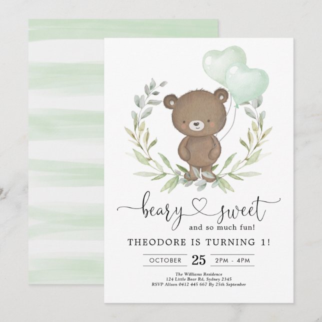 Invitación Cute Teddy Bear Birthday Boy Greeneration Balones (Anverso / Reverso)