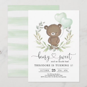 Invitación Cute Teddy Bear Birthday Boy Greeneration Balones