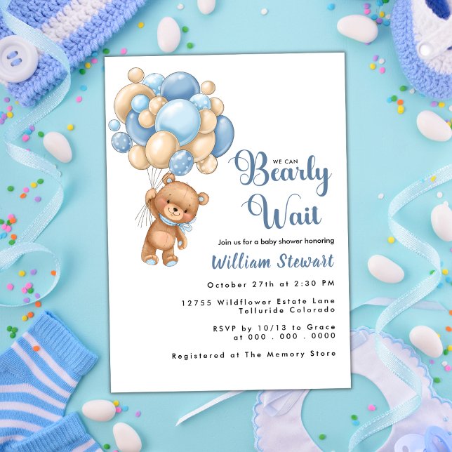 Invitación Cute Teddy Bear Blue Balloon Boy Baby Shower (Subido por el creador)