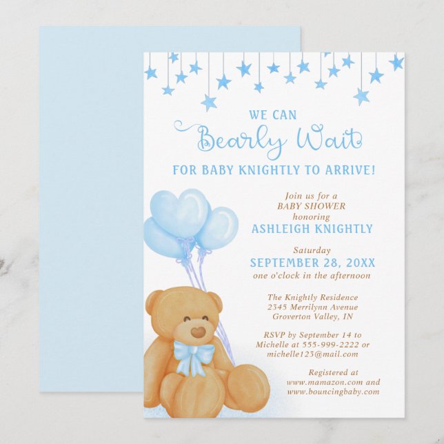 Invitación Cute Teddy Bear Blue Balloons Stars Baby Shower (Anverso / Reverso)