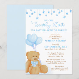 Invitación Cute Teddy Bear Blue Balloons Stars Baby Shower