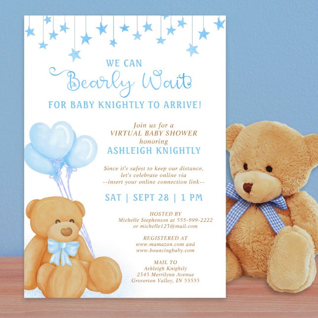 Invitación Cute Teddy Bear Blue Balloons Virtual Baby Shower (Subido por el creador)