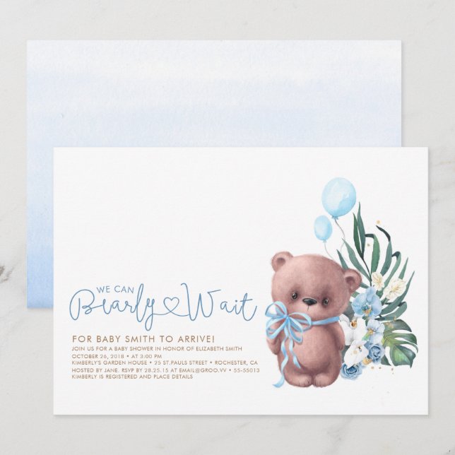 Invitación Cute Teddy Bear Blue Bearly Wait Boy Baby Shower (Anverso / Reverso)