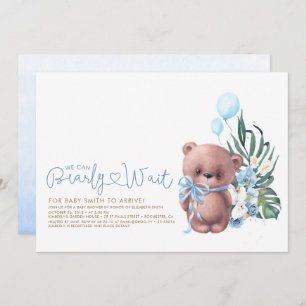 Invitación Cute Teddy Bear Blue Bearly Wait Boy Baby Shower