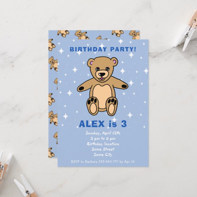 Invitación Cute Teddy Bear Blue Boy Cumpleaños (Anverso/Reverso In Situ)