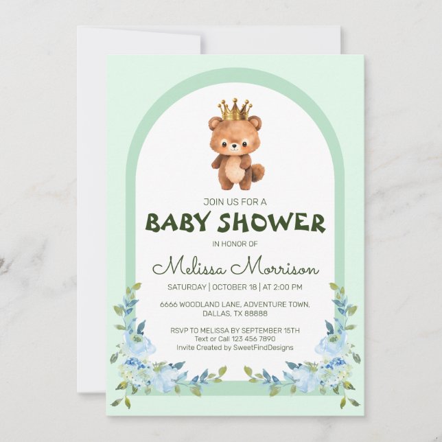Invitación Cute Teddy Bear Blue Flower Baby Shower (Anverso)