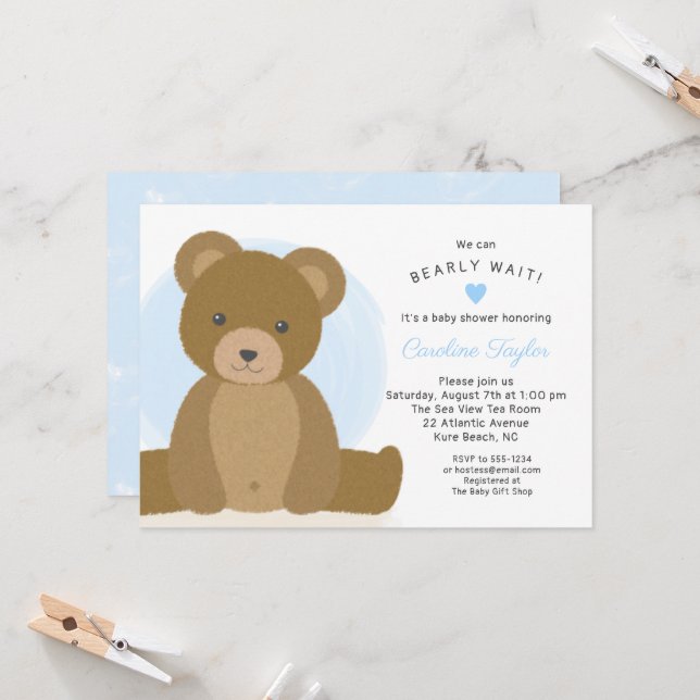 Invitación Cute Teddy Bear Blue Heart Boy Baby Shower (Anverso/Reverso In Situ)